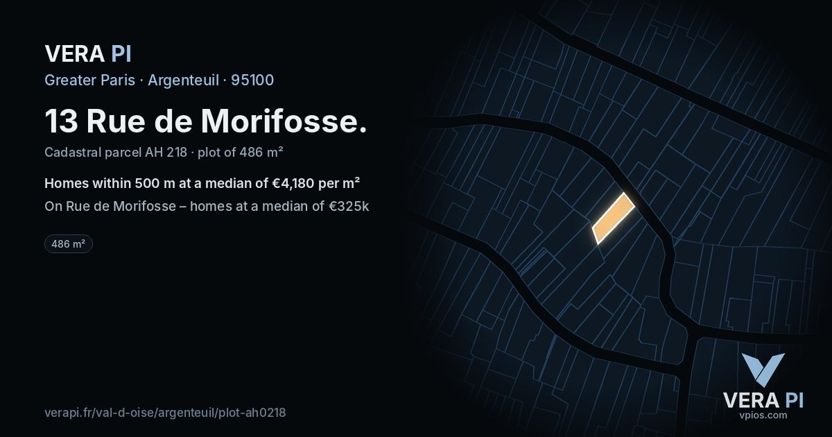 13 Rue de Morifosse, Argenteuil at night – the plot lit, the parcels around coloured by the prices near them