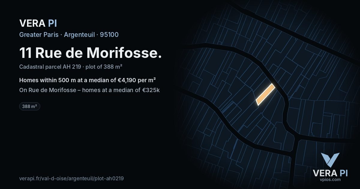 11 Rue de Morifosse, Argenteuil at night – the plot lit, the parcels around coloured by the prices near them