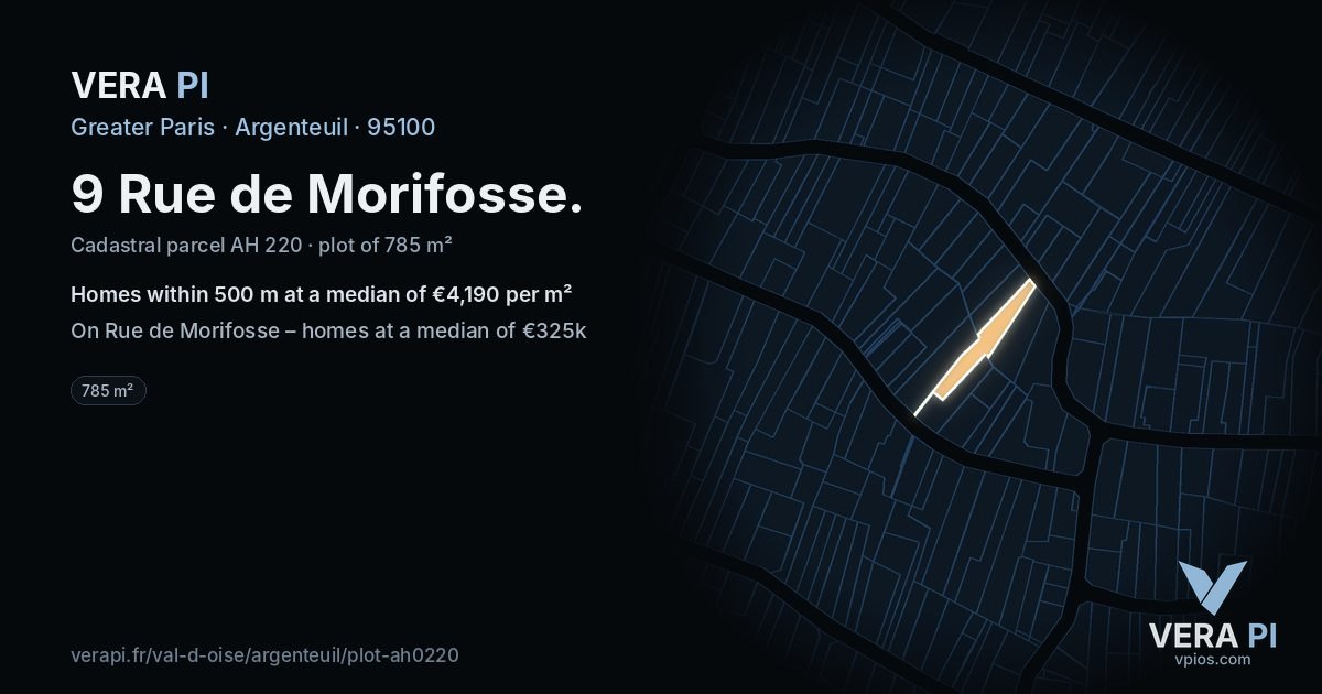 9 Rue de Morifosse, Argenteuil at night – the plot lit, the parcels around coloured by the prices near them
