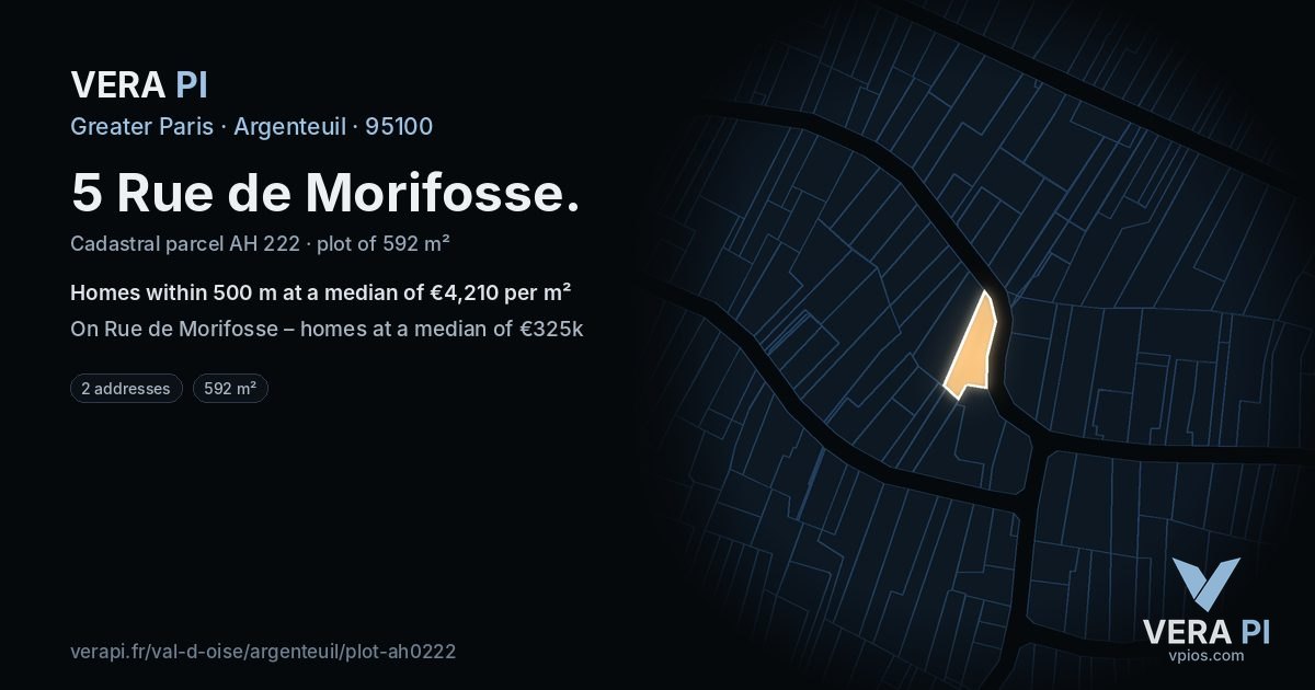 5 Rue de Morifosse, Argenteuil at night – the plot lit, the parcels around coloured by the prices near them