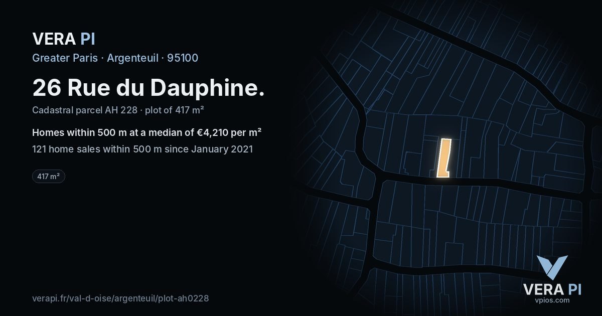 26 Rue du Dauphine, Argenteuil at night – the plot lit, the parcels around coloured by the prices near them