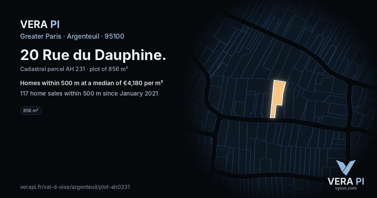 20 Rue du Dauphine, Argenteuil at night – the plot lit, the parcels around coloured by the prices near them