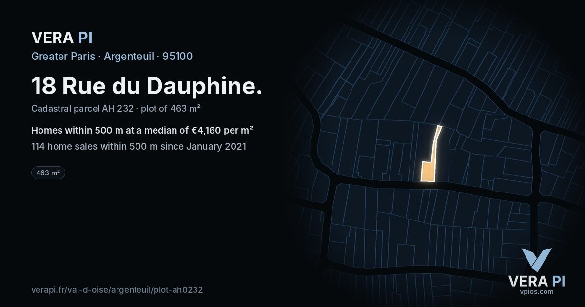 18 Rue du Dauphine, Argenteuil at night – the plot lit, the parcels around coloured by the prices near them