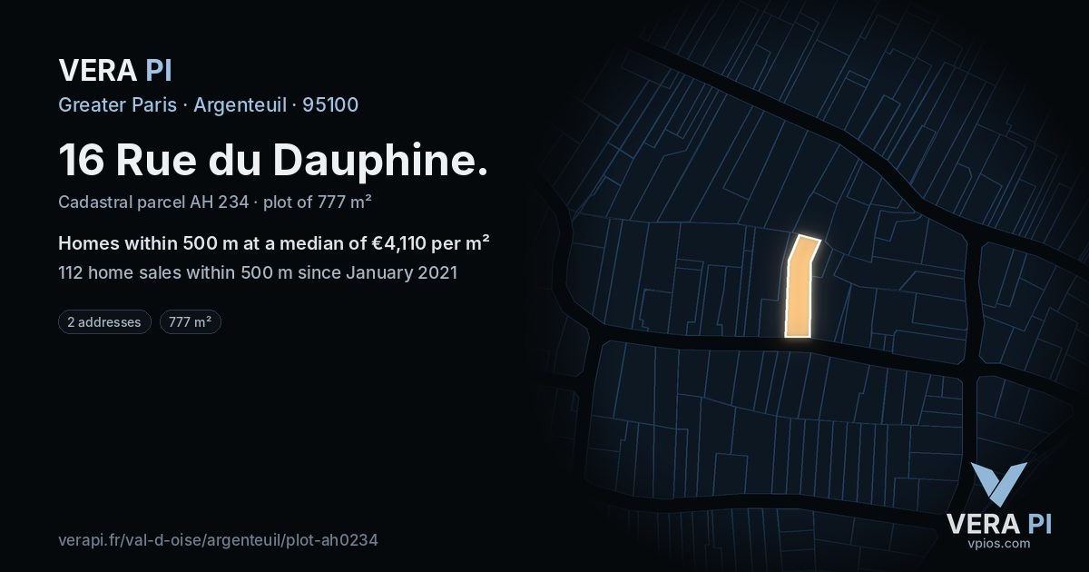 16 Rue du Dauphine, Argenteuil at night – the plot lit, the parcels around coloured by the prices near them