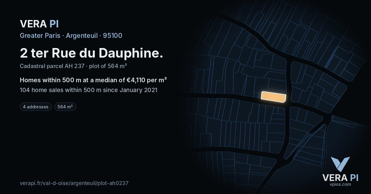 2 ter Rue du Dauphine, Argenteuil at night – the plot lit, the parcels around coloured by the prices near them