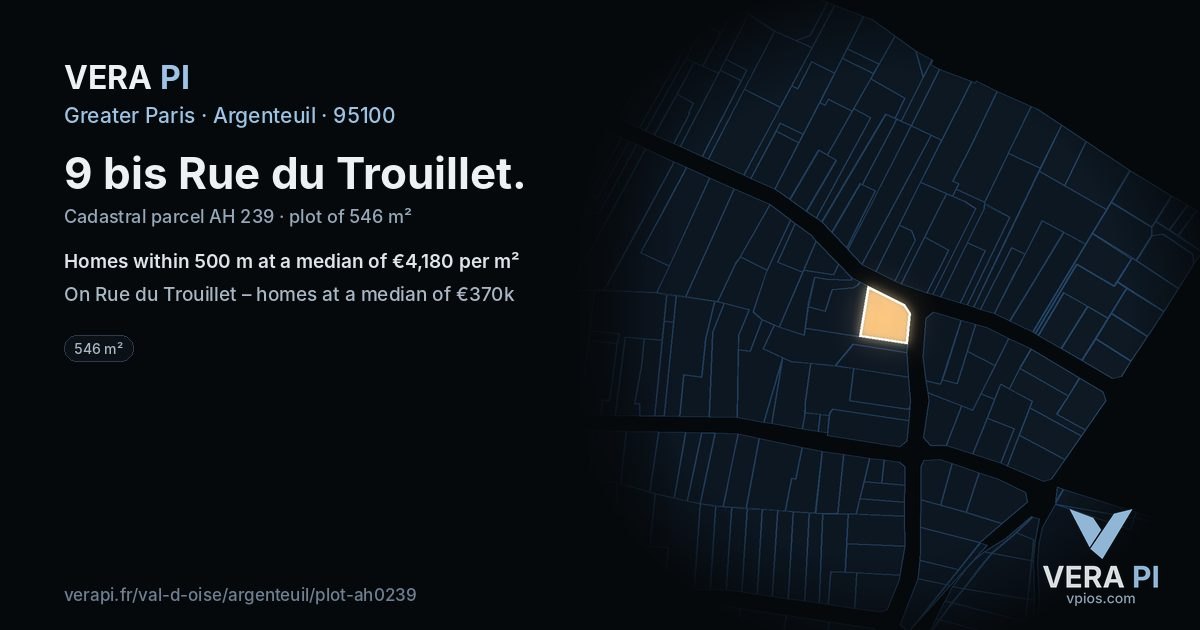 9 bis Rue du Trouillet, Argenteuil at night – the plot lit, the parcels around coloured by the prices near them
