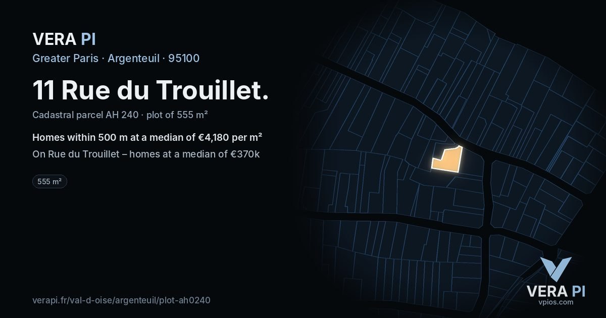 11 Rue du Trouillet, Argenteuil at night – the plot lit, the parcels around coloured by the prices near them