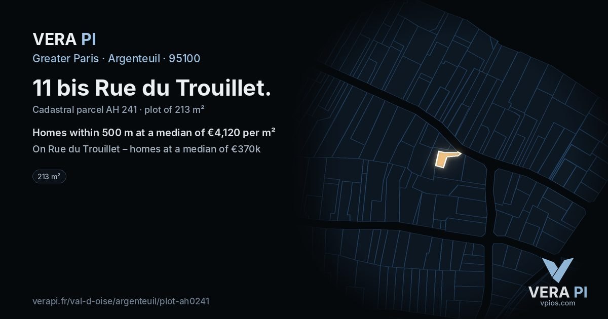 11 bis Rue du Trouillet, Argenteuil at night – the plot lit, the parcels around coloured by the prices near them