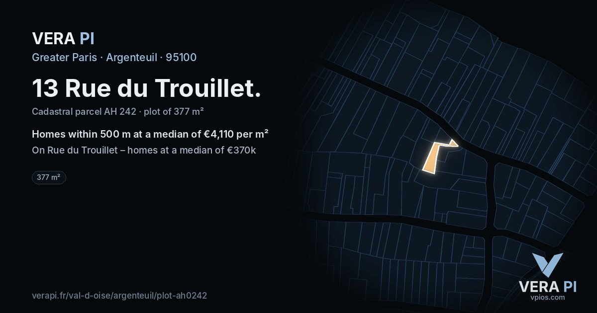13 Rue du Trouillet, Argenteuil at night – the plot lit, the parcels around coloured by the prices near them