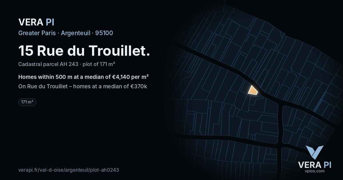 15 Rue du Trouillet, Argenteuil at night – the plot lit, the parcels around coloured by the prices near them