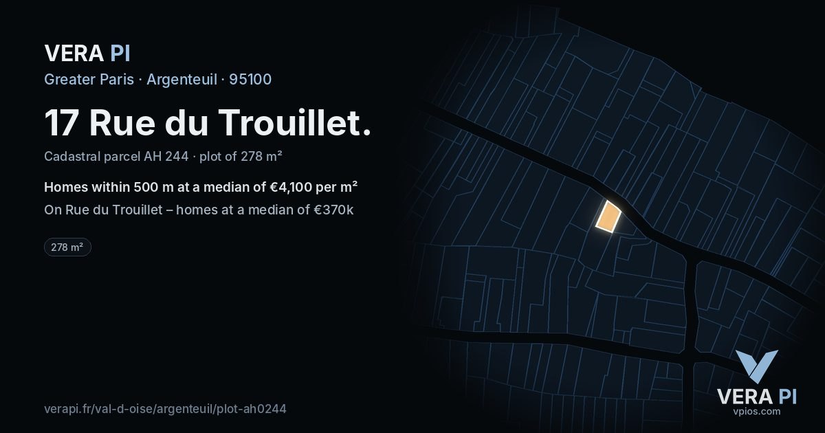 17 Rue du Trouillet, Argenteuil at night – the plot lit, the parcels around coloured by the prices near them