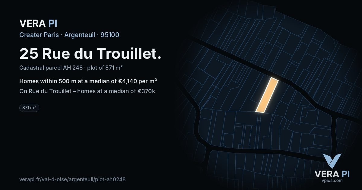 25 Rue du Trouillet, Argenteuil at night – the plot lit, the parcels around coloured by the prices near them