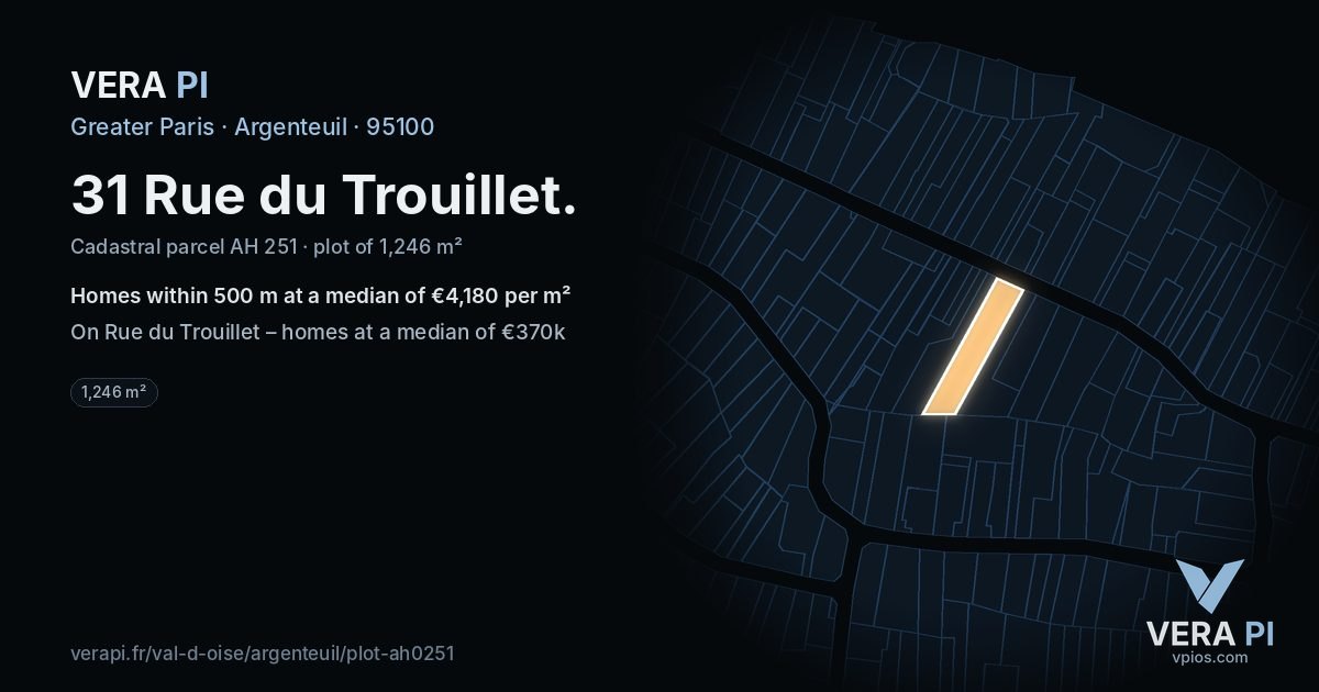 31 Rue du Trouillet, Argenteuil at night – the plot lit, the parcels around coloured by the prices near them