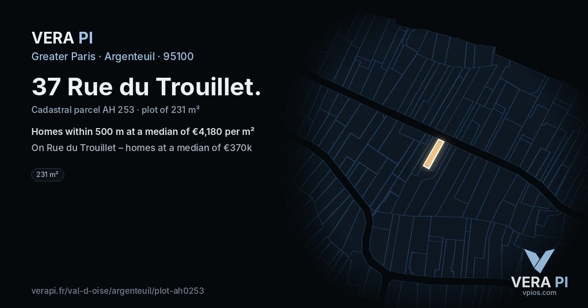 37 Rue du Trouillet, Argenteuil at night – the plot lit, the parcels around coloured by the prices near them