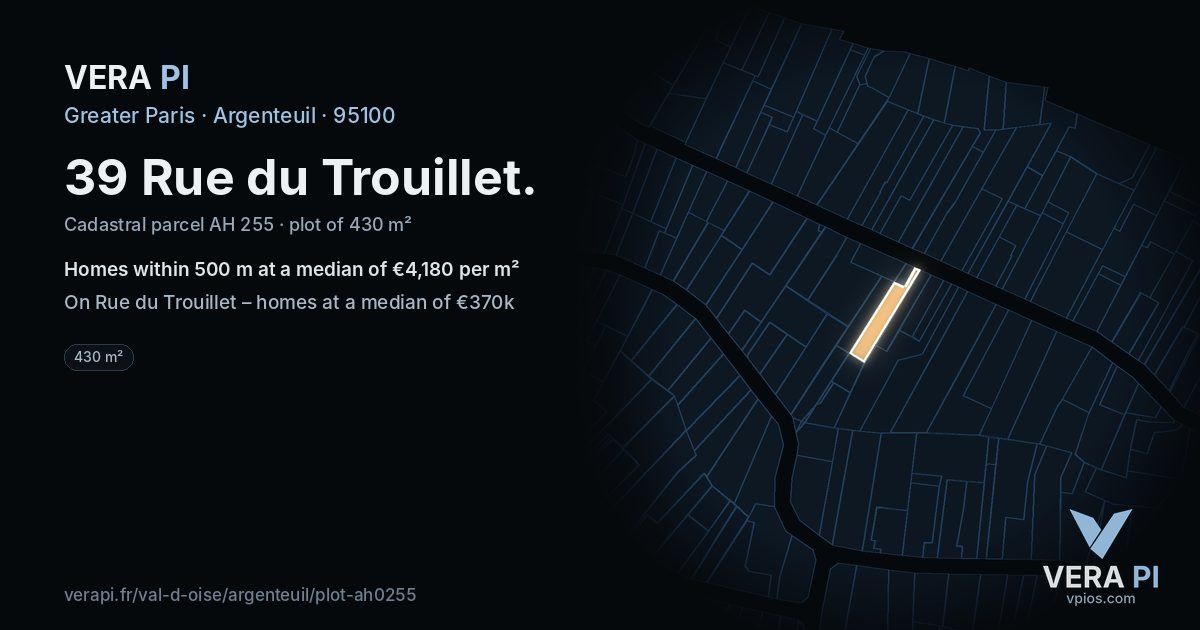39 Rue du Trouillet, Argenteuil at night – the plot lit, the parcels around coloured by the prices near them
