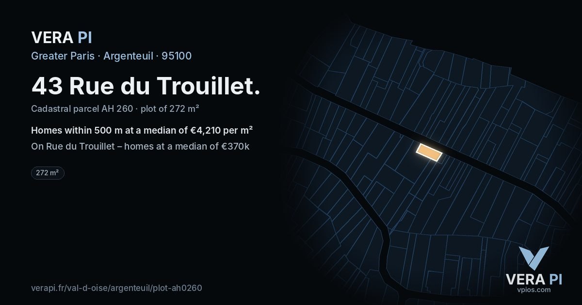 43 Rue du Trouillet, Argenteuil at night – the plot lit, the parcels around coloured by the prices near them