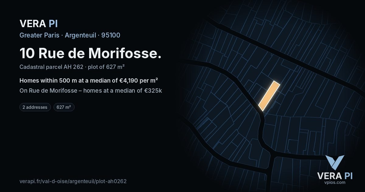 10 Rue de Morifosse, Argenteuil at night – the plot lit, the parcels around coloured by the prices near them