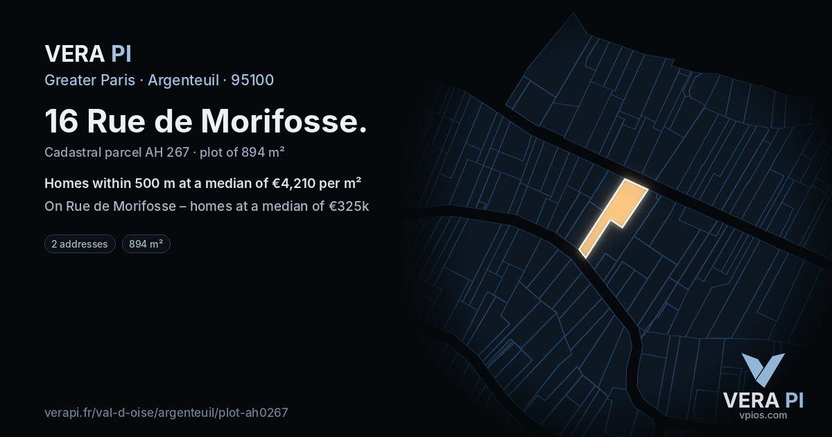 16 Rue de Morifosse, Argenteuil at night – the plot lit, the parcels around coloured by the prices near them