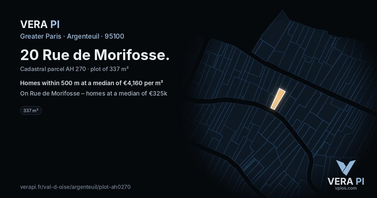 20 Rue de Morifosse, Argenteuil at night – the plot lit, the parcels around coloured by the prices near them
