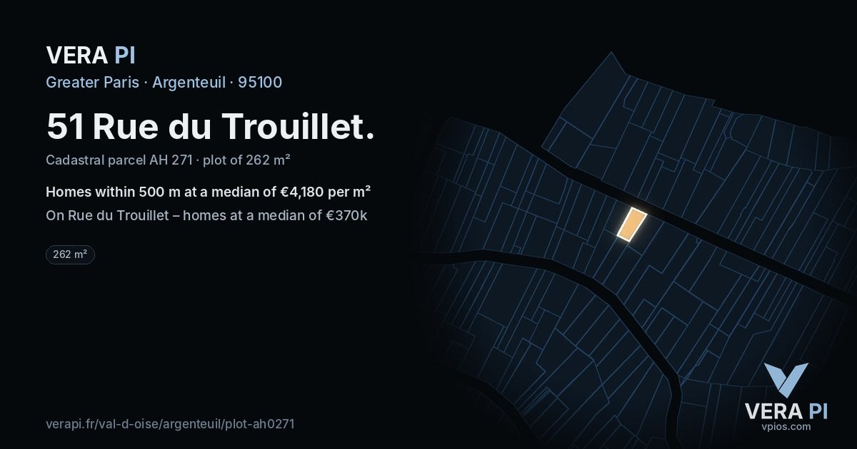 51 Rue du Trouillet, Argenteuil at night – the plot lit, the parcels around coloured by the prices near them