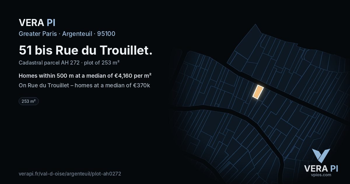 51 bis Rue du Trouillet, Argenteuil at night – the plot lit, the parcels around coloured by the prices near them