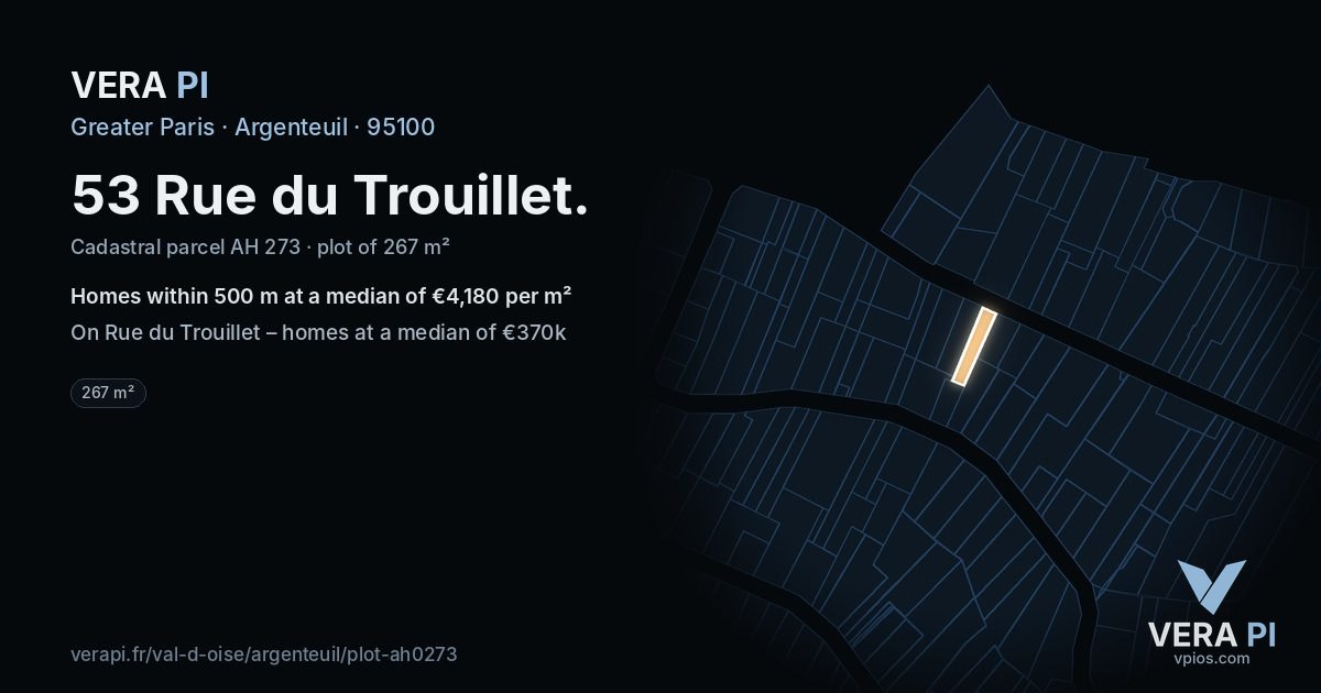 53 Rue du Trouillet, Argenteuil at night – the plot lit, the parcels around coloured by the prices near them