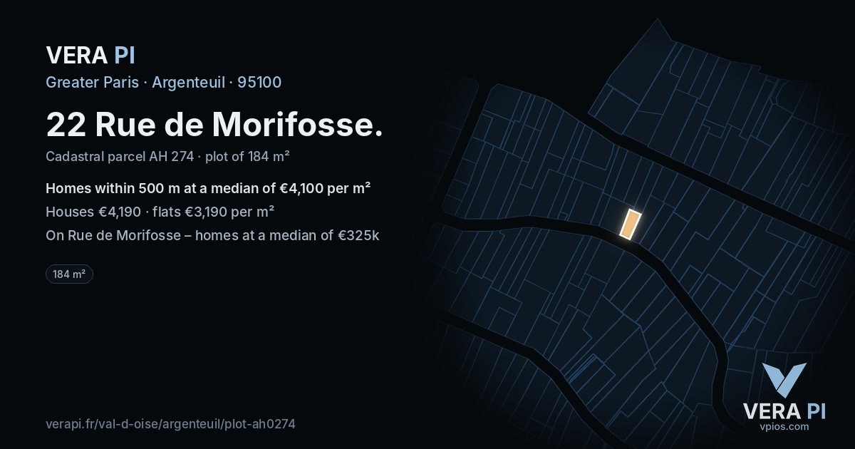22 Rue de Morifosse, Argenteuil at night – the plot lit, the parcels around coloured by the prices near them