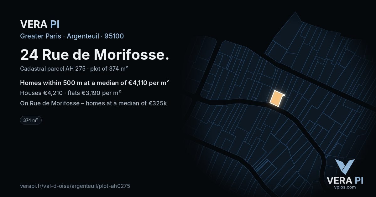 24 Rue de Morifosse, Argenteuil at night – the plot lit, the parcels around coloured by the prices near them