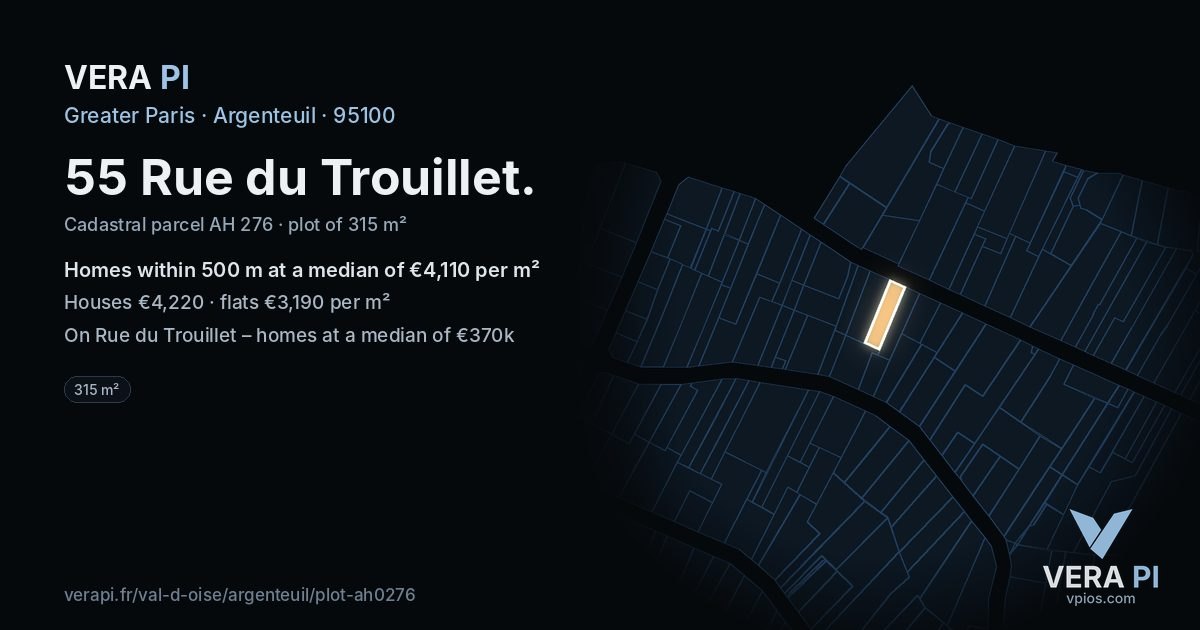 55 Rue du Trouillet, Argenteuil at night – the plot lit, the parcels around coloured by the prices near them