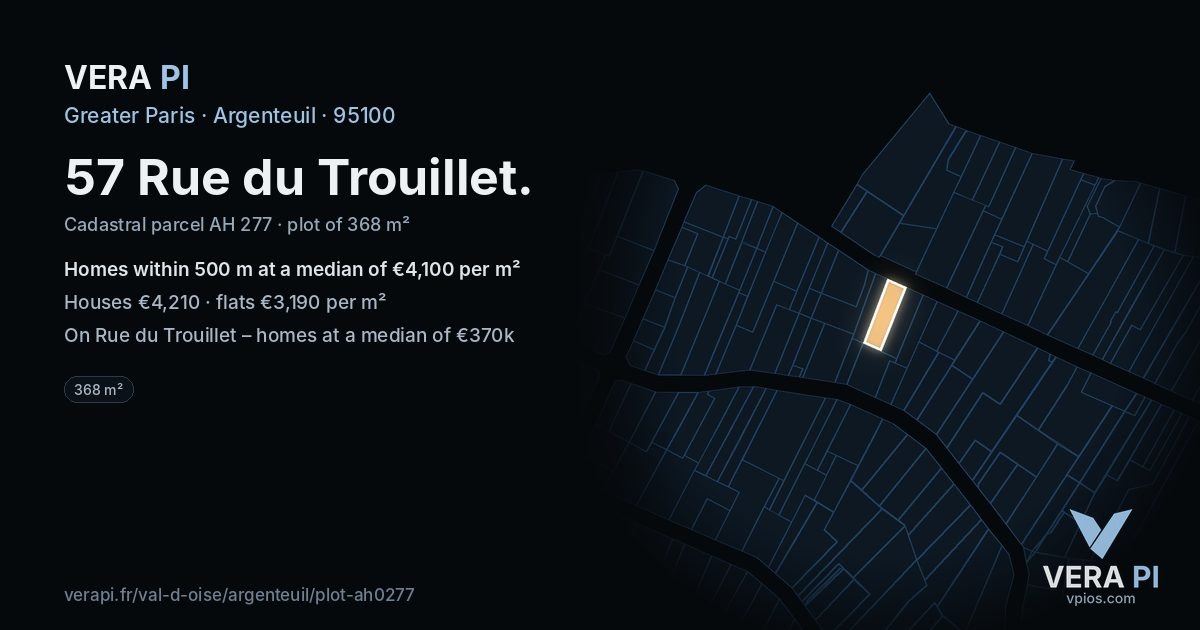 57 Rue du Trouillet, Argenteuil at night – the plot lit, the parcels around coloured by the prices near them