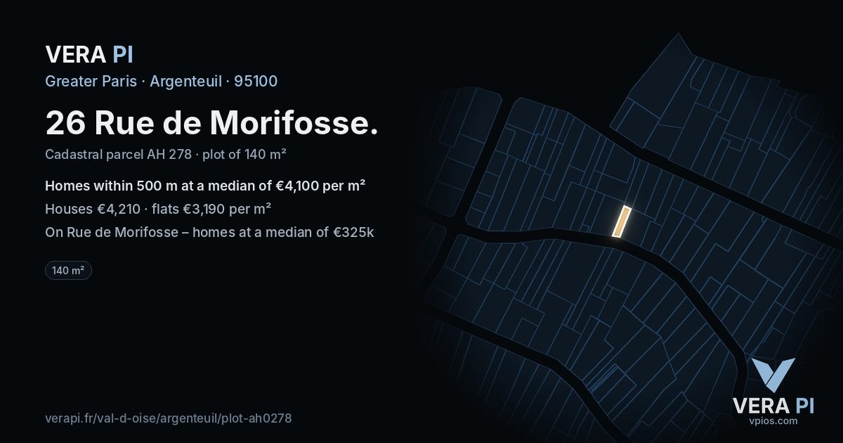 26 Rue de Morifosse, Argenteuil at night – the plot lit, the parcels around coloured by the prices near them