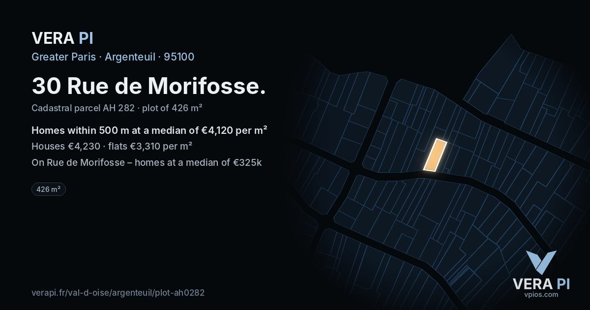 30 Rue de Morifosse, Argenteuil at night – the plot lit, the parcels around coloured by the prices near them