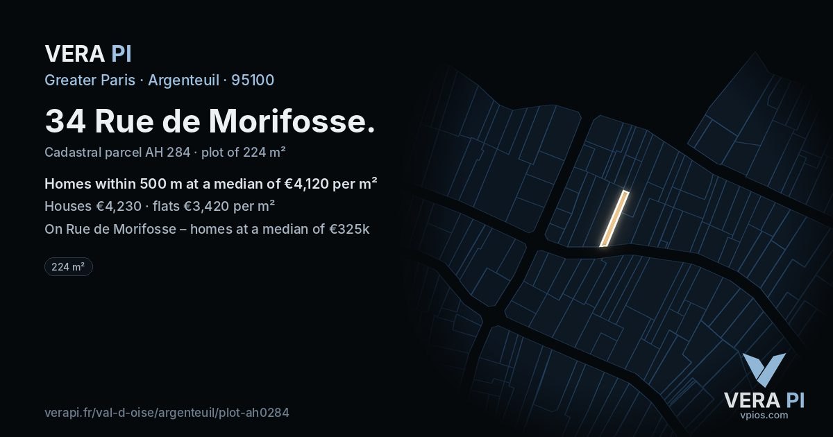 34 Rue de Morifosse, Argenteuil at night – the plot lit, the parcels around coloured by the prices near them