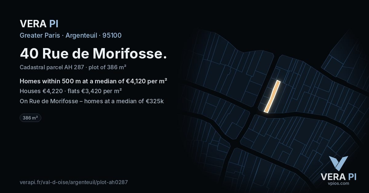 40 Rue de Morifosse, Argenteuil at night – the plot lit, the parcels around coloured by the prices near them