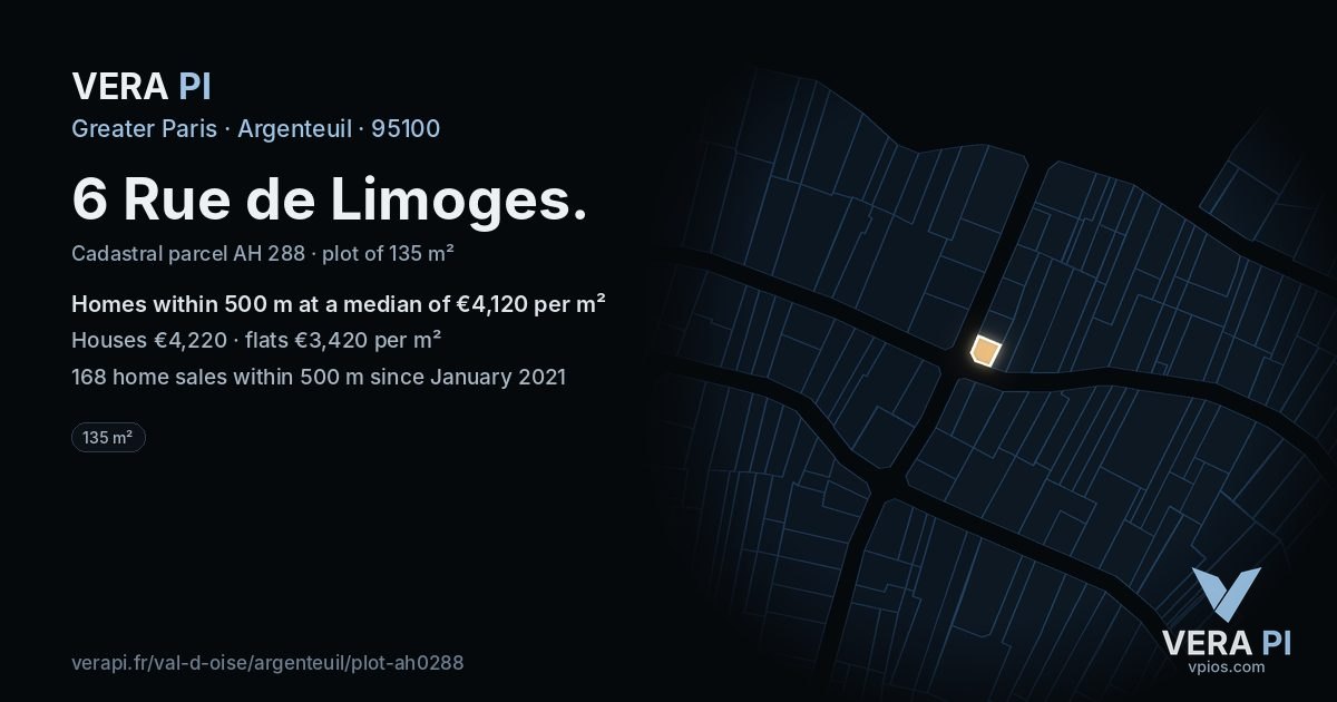 6 Rue de Limoges, Argenteuil at night – the plot lit, the parcels around coloured by the prices near them