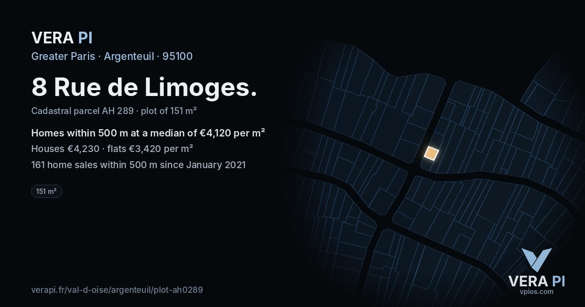 8 Rue de Limoges, Argenteuil at night – the plot lit, the parcels around coloured by the prices near them