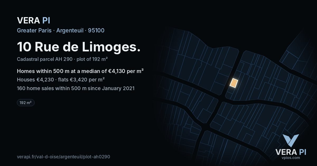 10 Rue de Limoges, Argenteuil at night – the plot lit, the parcels around coloured by the prices near them