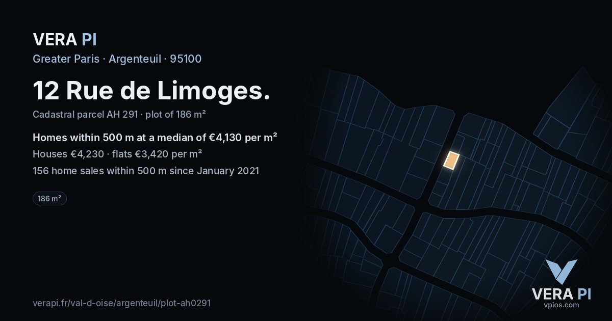 12 Rue de Limoges, Argenteuil at night – the plot lit, the parcels around coloured by the prices near them