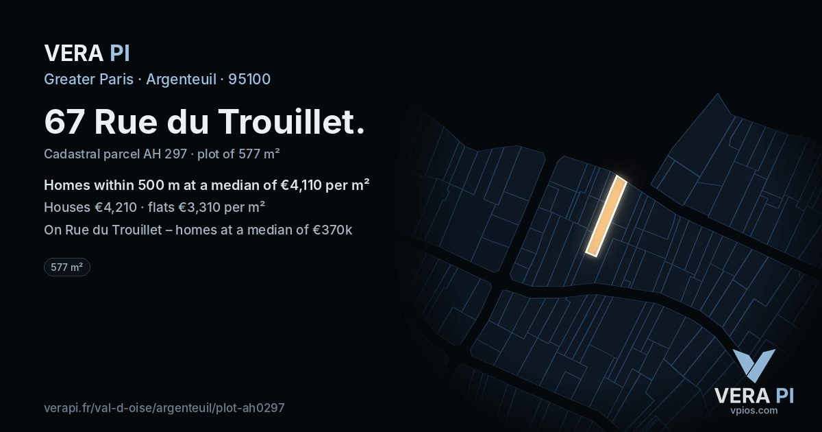 67 Rue du Trouillet, Argenteuil at night – the plot lit, the parcels around coloured by the prices near them