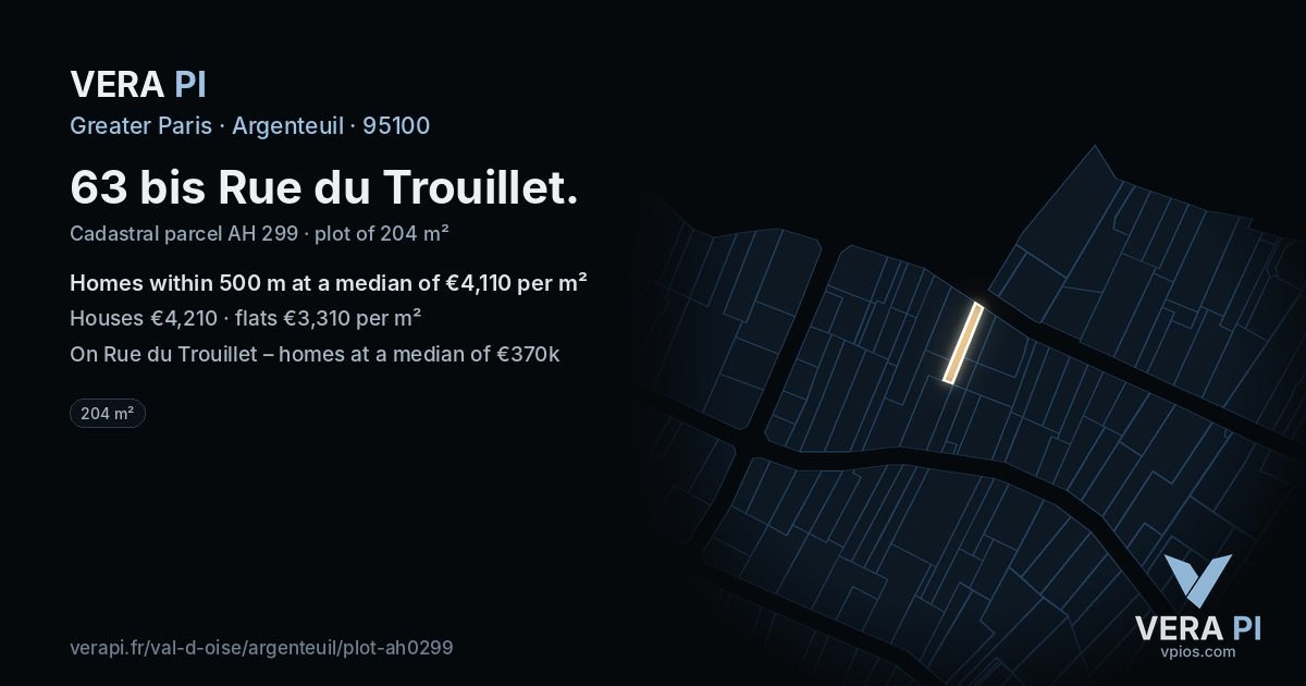 63 bis Rue du Trouillet, Argenteuil at night – the plot lit, the parcels around coloured by the prices near them