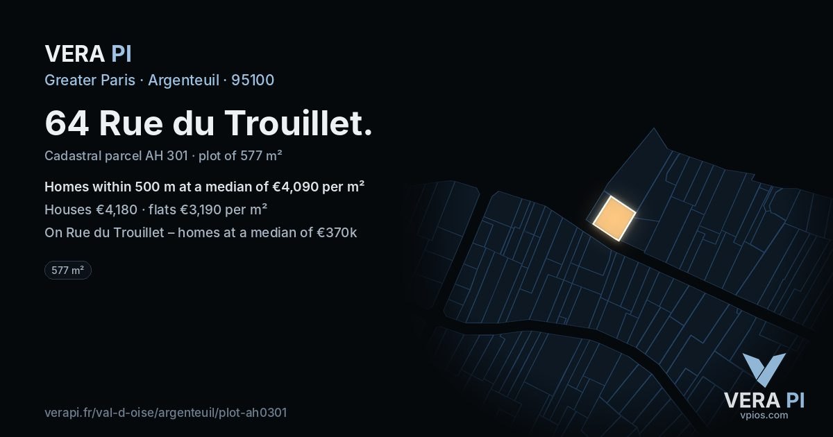 64 Rue du Trouillet, Argenteuil at night – the plot lit, the parcels around coloured by the prices near them