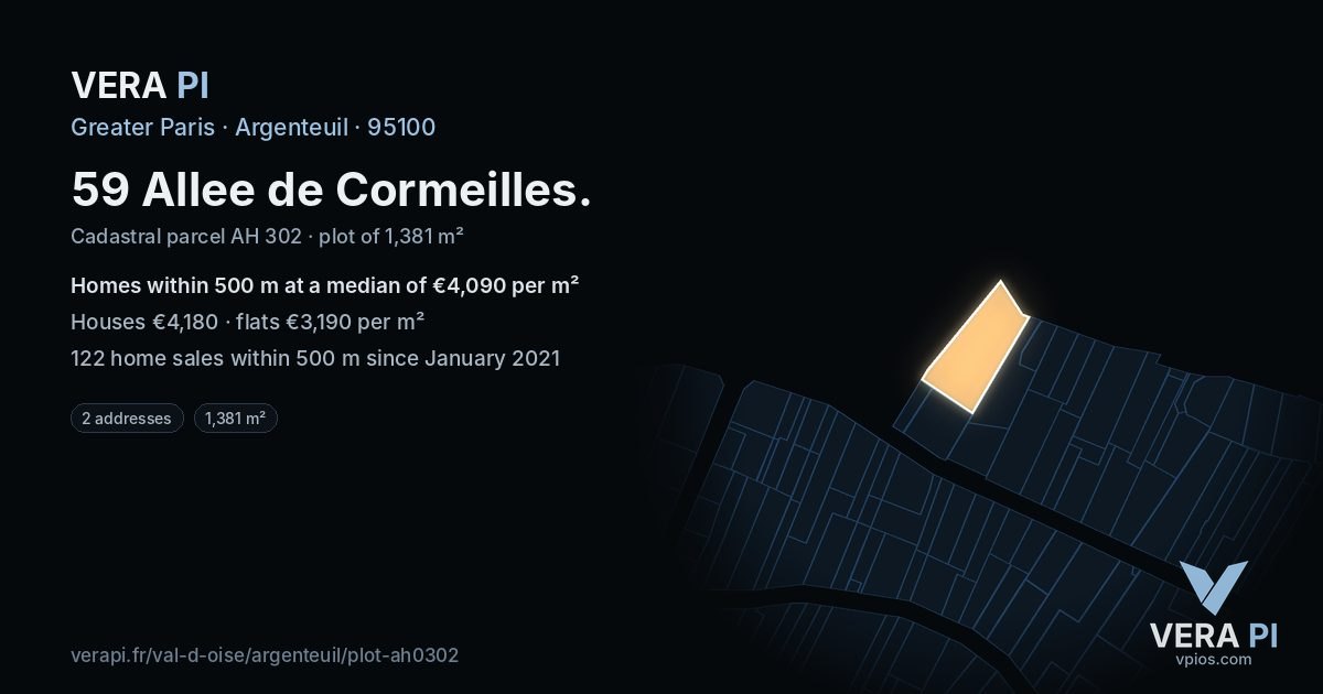 59 Allee de Cormeilles, Argenteuil at night – the plot lit, the parcels around coloured by the prices near them