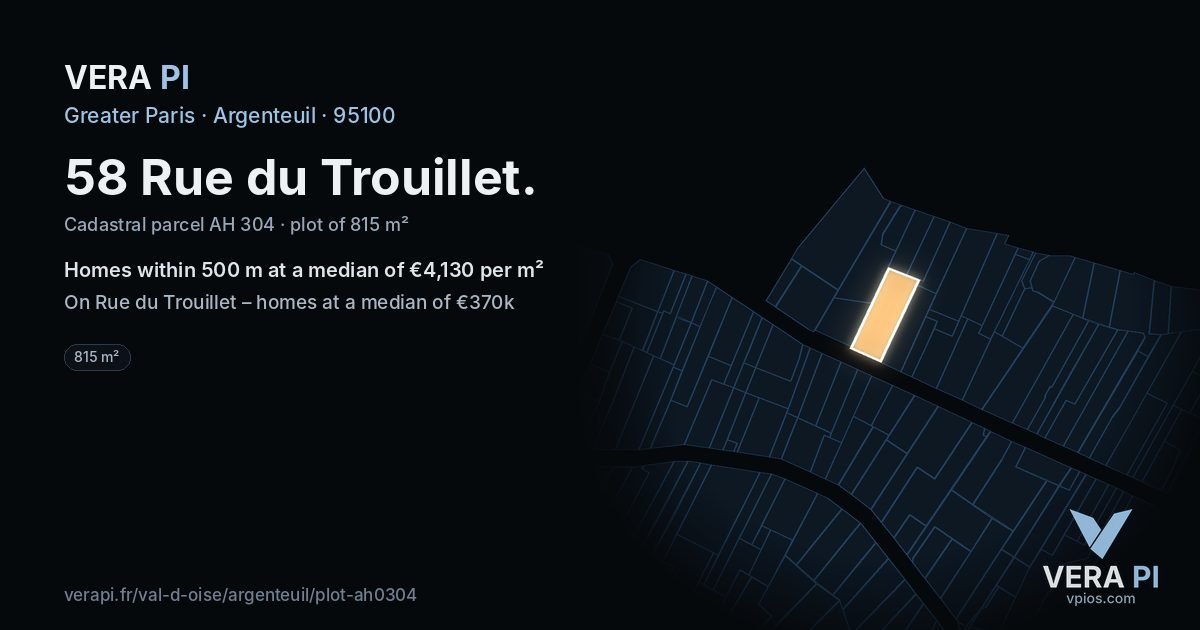 58 Rue du Trouillet, Argenteuil at night – the plot lit, the parcels around coloured by the prices near them