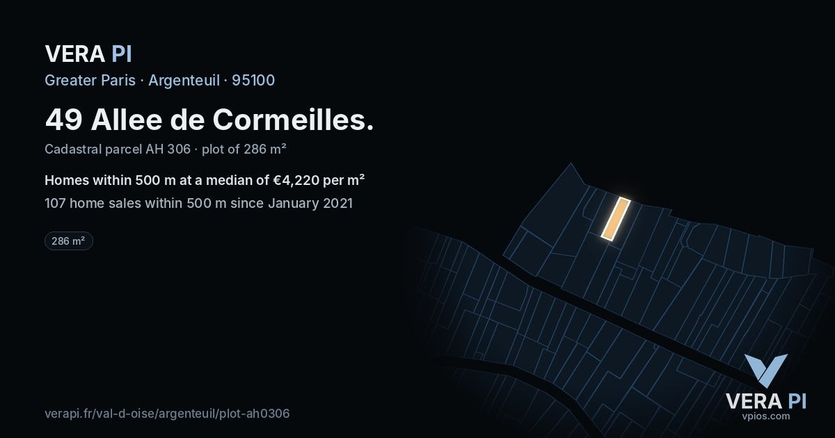49 Allee de Cormeilles, Argenteuil at night – the plot lit, the parcels around coloured by the prices near them