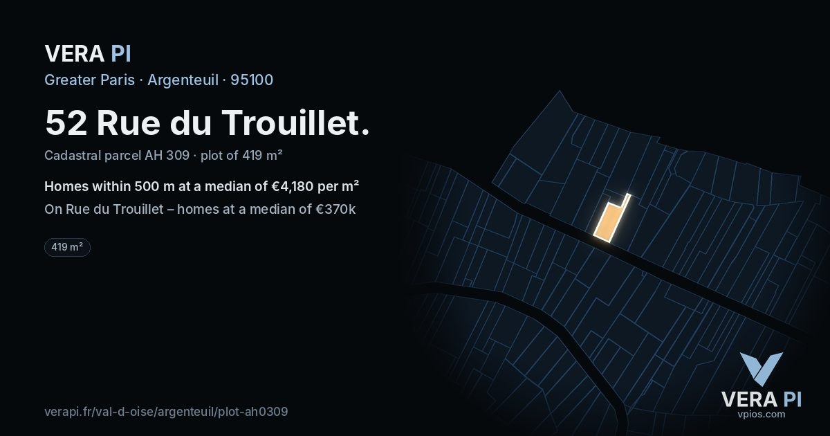 52 Rue du Trouillet, Argenteuil at night – the plot lit, the parcels around coloured by the prices near them