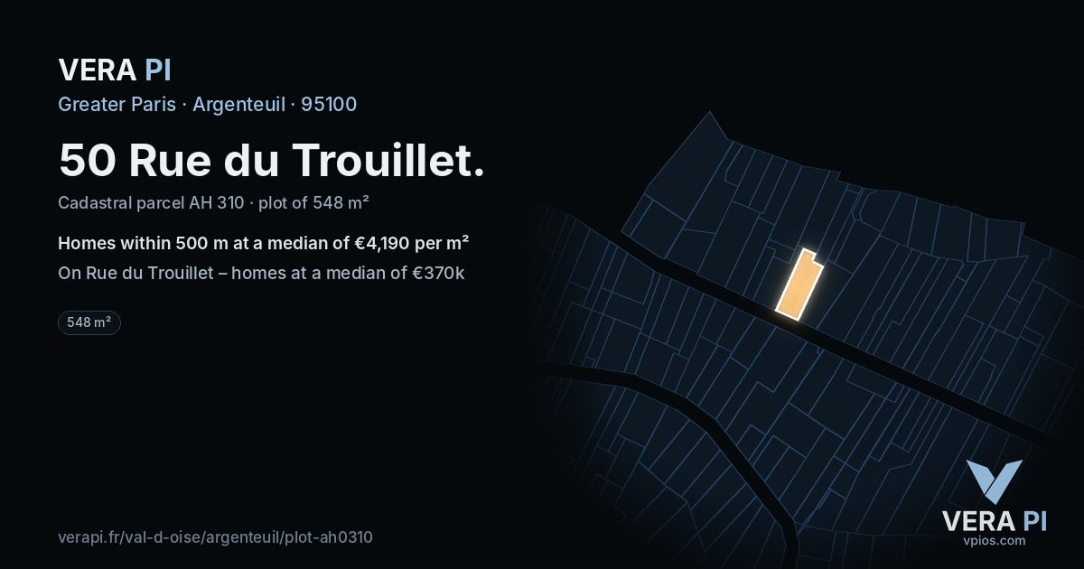 50 Rue du Trouillet, Argenteuil at night – the plot lit, the parcels around coloured by the prices near them