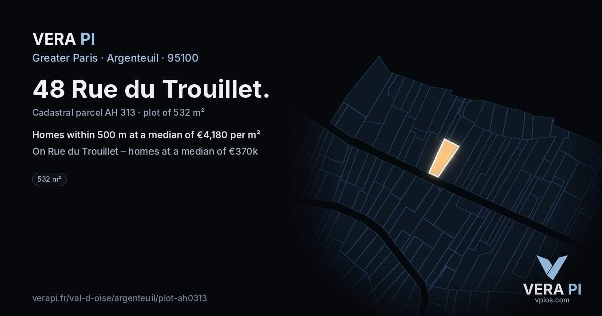 48 Rue du Trouillet, Argenteuil at night – the plot lit, the parcels around coloured by the prices near them