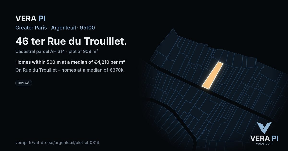 46 ter Rue du Trouillet, Argenteuil at night – the plot lit, the parcels around coloured by the prices near them