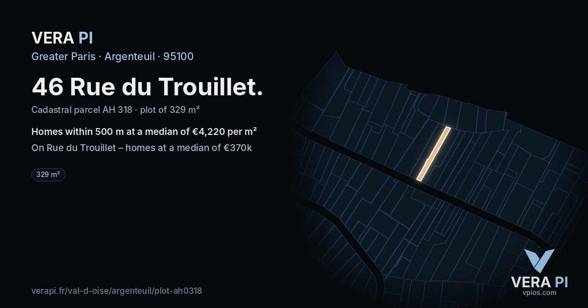 46 Rue du Trouillet, Argenteuil at night – the plot lit, the parcels around coloured by the prices near them