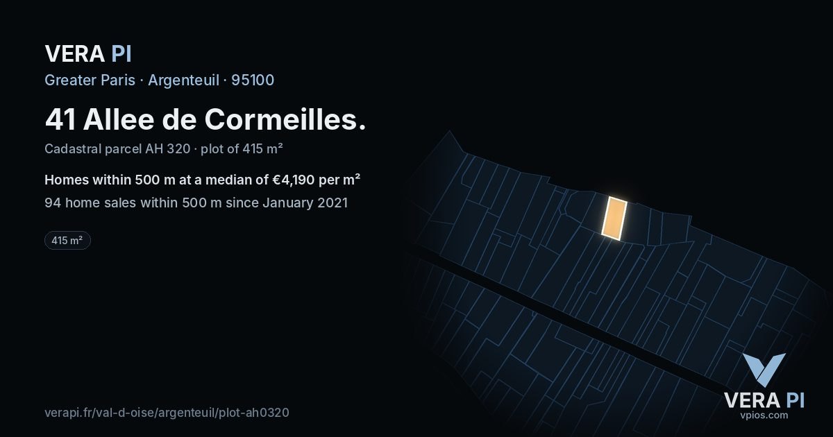 41 Allee de Cormeilles, Argenteuil at night – the plot lit, the parcels around coloured by the prices near them